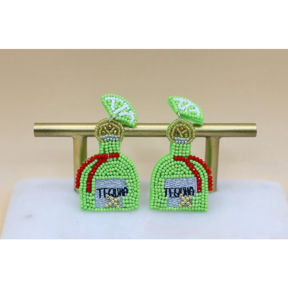 Lime green tequila bottle seed bead earrings